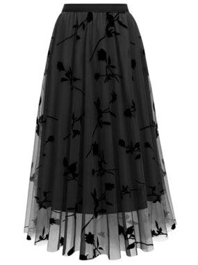 Womens Midi Tulle Skirt Pleated Flowy A-Line High Waist Summer Dressy